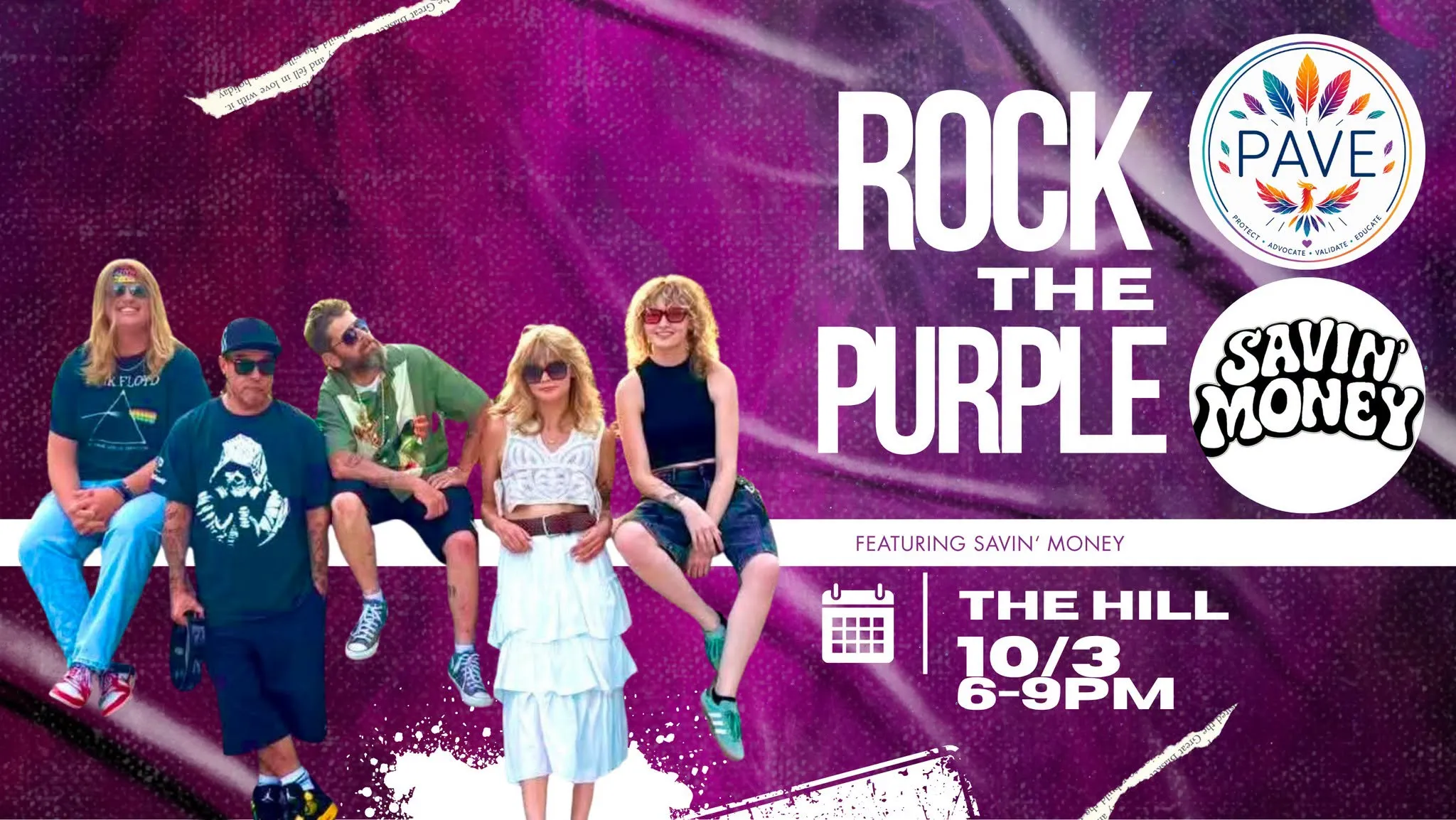 Rock the Purple event poster featuring Savin’ Money and PAVE, October 3 from 6–9 PM at The Hill Tavern.